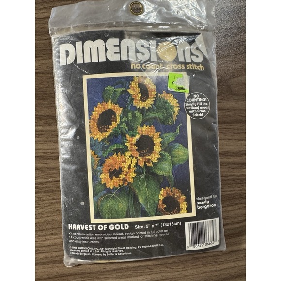 Dimensions Other - Vtg Dimensions Harvest Of Gold No Count Cross Stitch Kit 5"x7" Sunflowers #6685